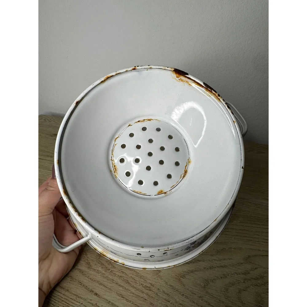 Vintage Floral Enamel Colander White Footed‎ Strainer Farmhouse Cottage 9.5 Inch